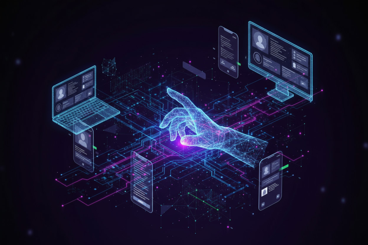 AI-accelerated application development process showing modern web and mobile interfaces